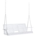 Dondolo 3 Posti da Esterno con Tavolino Centrale e Portabicchieri, in Legno e Metallo, 150x75x53 cm, Bianco