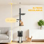 Albero per Gatti a Soffitto Alto 220-240 cm con Amaca, Casetta, Piattaforme a Fiore e Pali in Sisal, Grigio - immagine 4