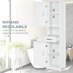 Mobile Colonna Bagno in Legno con Mensola Aperta, Cassetto e 2 Armadietti, 40x30x164 cm, Bianco - immagine 5