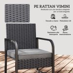Salotto da Giardino in Rattan con 2 Poltrone da Esterno e Tavolino con Piano in Vetro, Nero - immagine 5