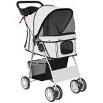 Passeggino per Cani Pieghevole con Catarifrangenti, Ruote Girevoli, Freni e Cuscino Lavabile, Grigio