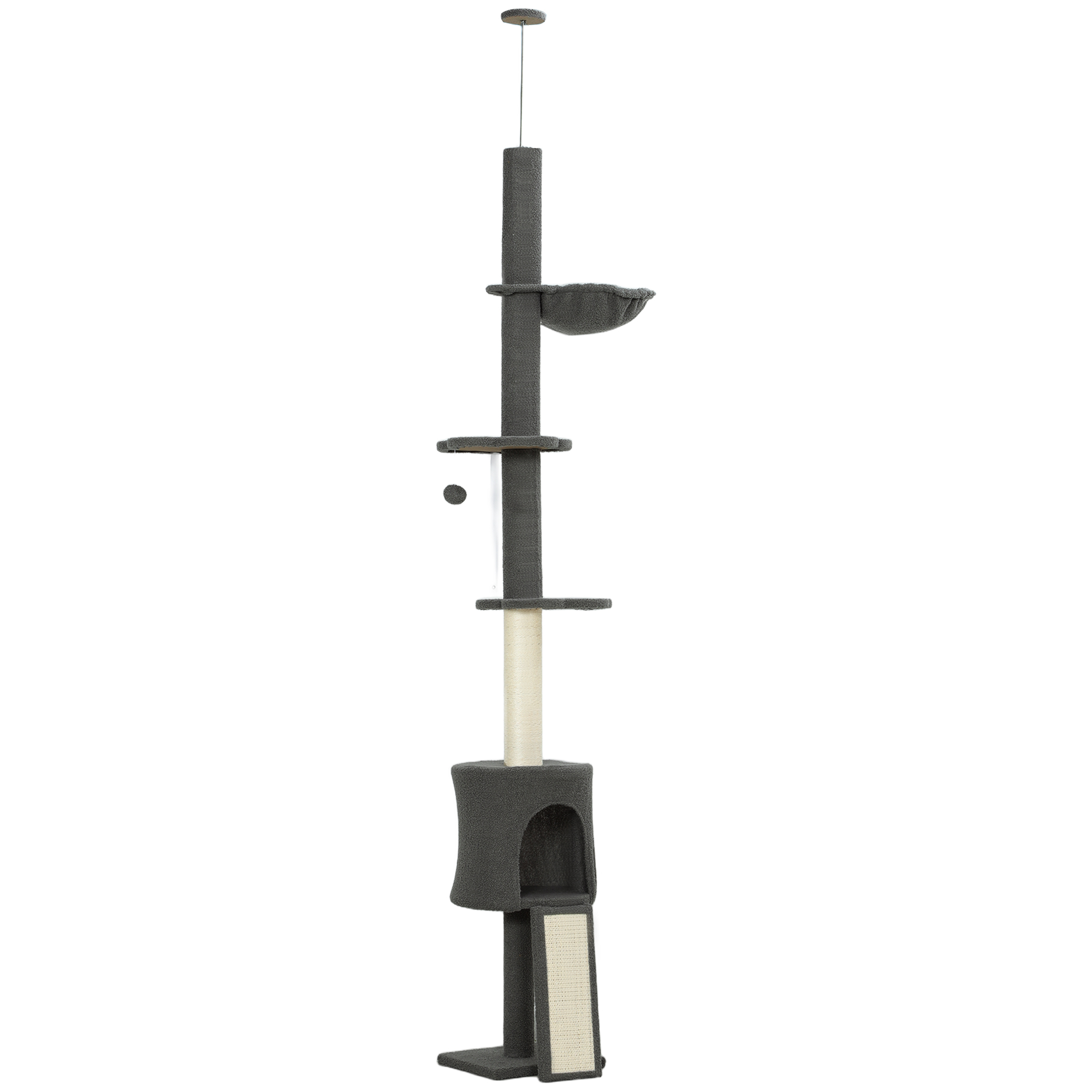 eu1f4719d196da999.jpg Albero per Gatti a Soffitto Alto 220-240 cm con Amaca, Casetta, Piattaforme a Fiore e Pali in Sisal, Grigio - immagine 1