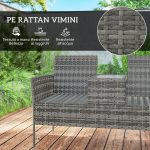 Panchina da Esterno 2 Posti con Tavolino da Caffè, in Acciaio e Rattan PE, 137x59x82 cm, Grigio - immagine 5