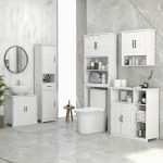 Mobile Colonna Bagno in Legno con Mensola Aperta, Cassetto e 2 Armadietti, 40x30x164 cm, Bianco - immagine 7