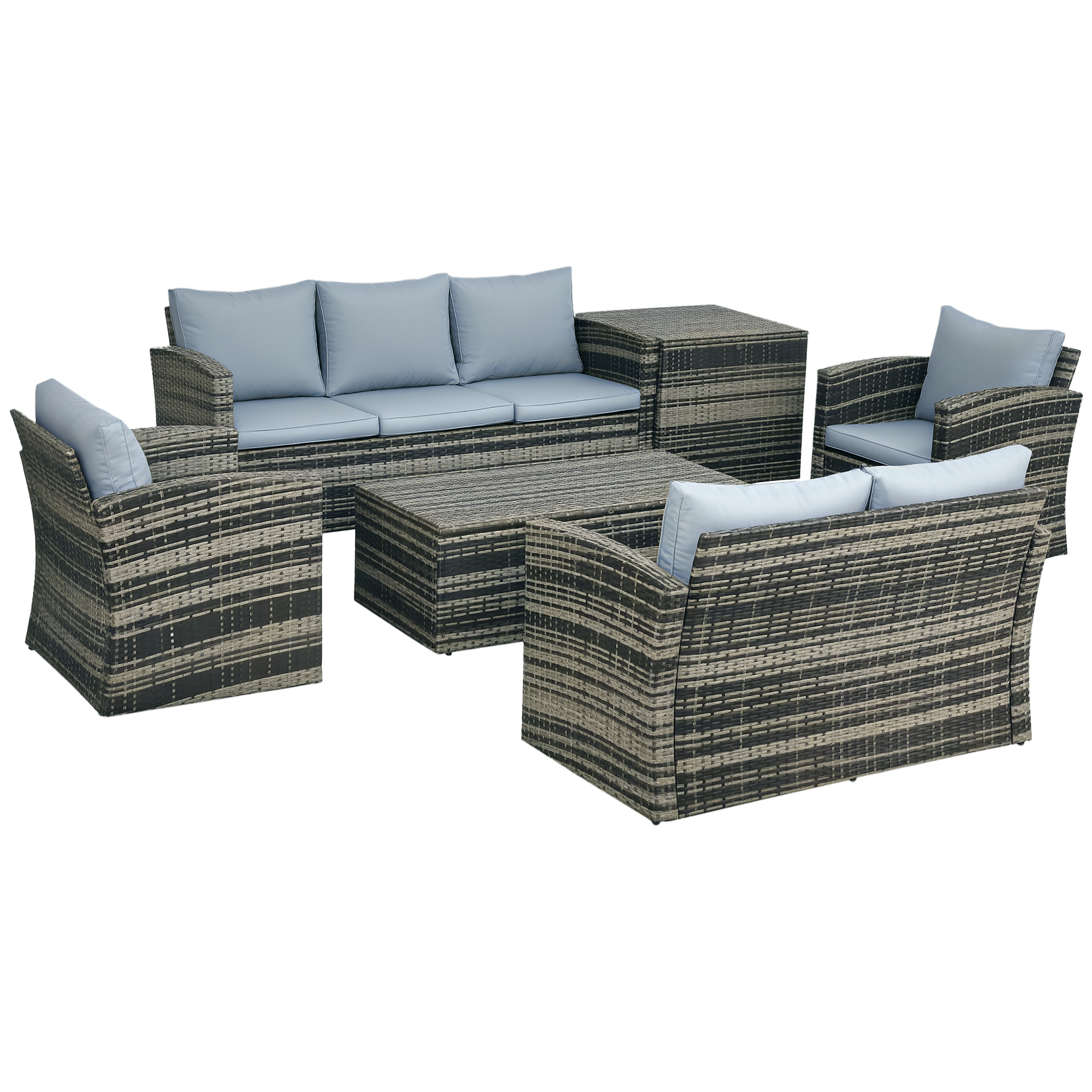 loN2ce19d231b4369.jpg Set da Esterno 6 Pezzi con 2 Tavolini Contenitore, 2 Divani e 2 Poltrone, in Rattan e Acciaio, Grigio - immagine 1