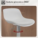 Set 2 Sgabelli da Bar con Schienale, Altezza Regolabile, Seduta Girevole in Pelle PU e Poggiapiedi, Bianco - immagine 5