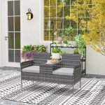 Panchina da Esterno 2 Posti con Tavolino da Caffè, in Acciaio e Rattan PE, 137x59x82 cm, Grigio - immagine 9